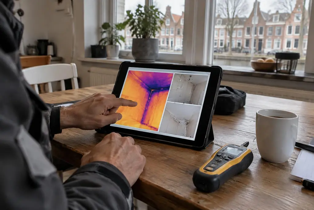 Lekdetectie Diemen – lekdetectierapport met warmtebeelden en foto's op een tablet
