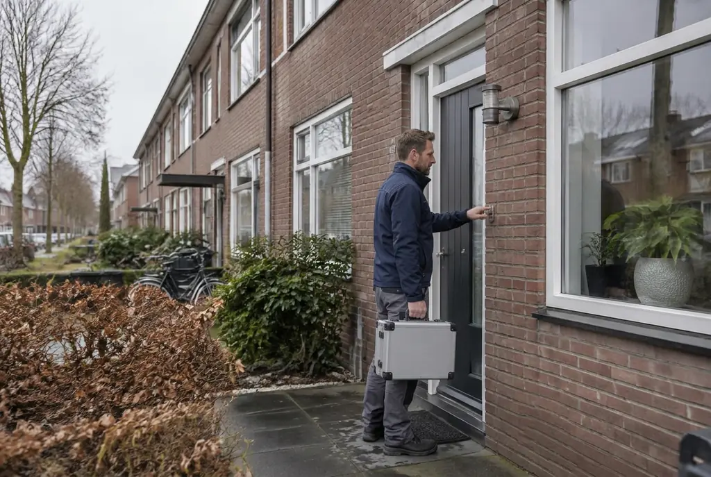 Lekdetectiespecialist met meetkoffer bij de voordeur van een woning in Diemen